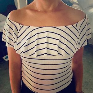 Striped off the shoulder wear three ways bodysuit!